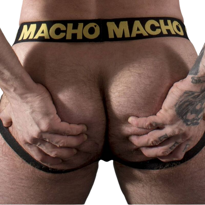 Detalhe do MACHO Cinto Jock MX25AC em couro sintético amarelo, realçando o design sensual e o material elástico.