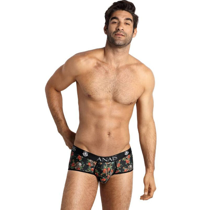 ANAIS MEN Power Brief Transparente Modal S com estampa de rosas e caveiras, detalhe do tecido e corte esportivo.