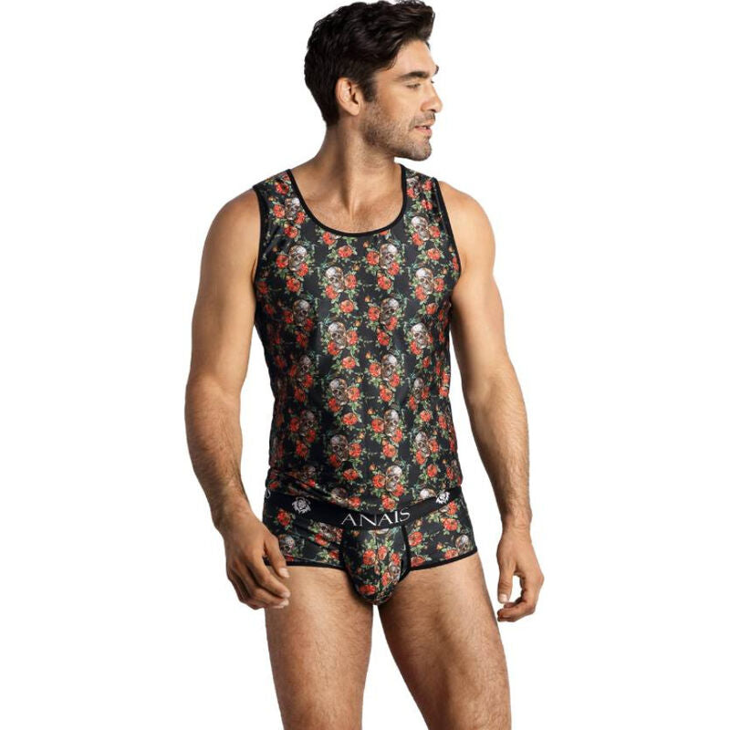 Top ANAIS MEN Power S com estampado de rosas e caveiras em modal transparente.