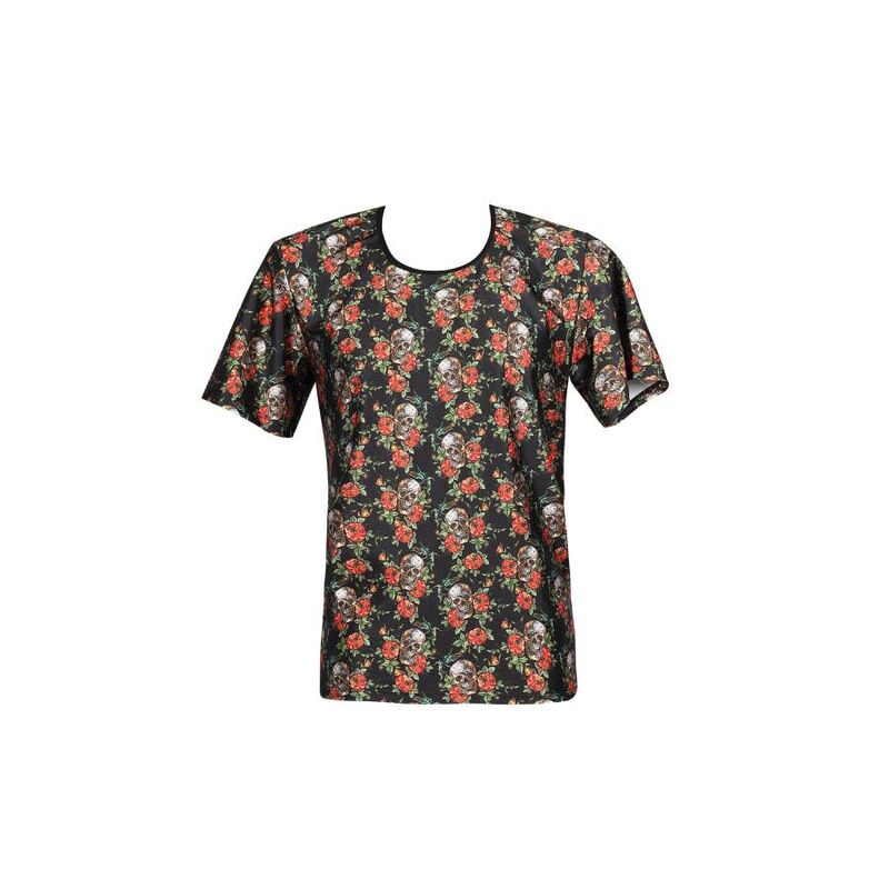 Close-up da Camiseta ANAIS MEN Power com Estampado Transparente, mostrando o design de rosas e caveiras e o tecido modal suave.