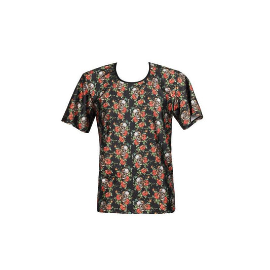 Close-up da Camiseta ANAIS MEN Power com Estampado Transparente, mostrando o design de rosas e caveiras e o tecido modal suave.