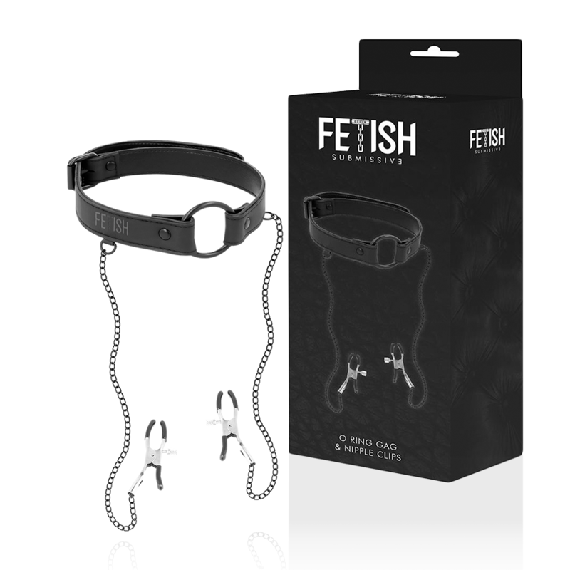Detalhe do Anel de Gag FETISH SUBMISSIVE com Grampos de Mamilo em couro vegano, mostrando a corrente e os materiais.