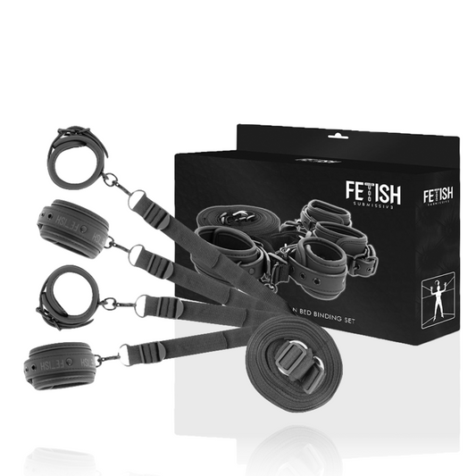 Close-up do Conjunto Fetish Submissive de algemas e amarras com forro de neoprene, destacando os detalhes e materiais.