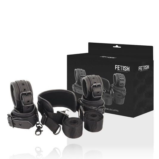 Conjunto Posição Mestre FETISH SUBMISSIVE com 4 algemas e arnês de neoprene e couro vegano.