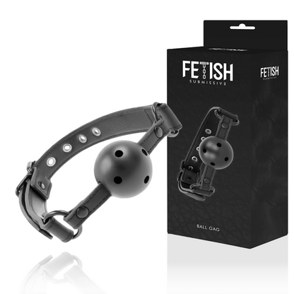 Close-up da Mordaça Vegana Respirável Fetish Submissive, mostrando o design ajustável e a bola para BDSM.