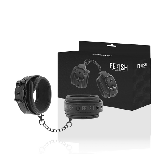 Close-up of the FETISH SUBMISSIVE Vegan Leather Cuffs with Neoprene Lining, ideal for BDSM and bondage, showcasing its texture and features.
