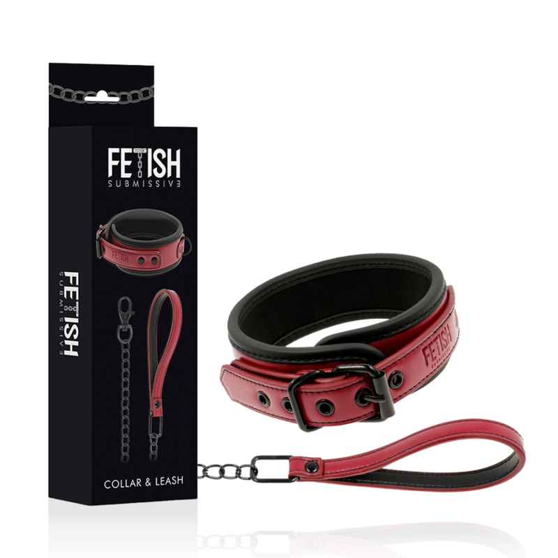 Close-up da Coleira de Corrente Fetish Submissive com forro de neoprene e detalhes em metal.