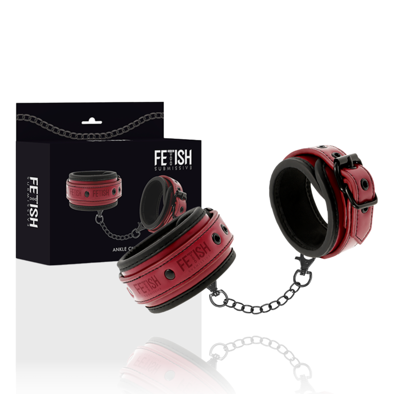 Close-up of the FETISH SUBMISSIVE Algemas de Tornozelo em Couro Vegano com Forro de Neoprene, mostrando detalhes da fivela e material.