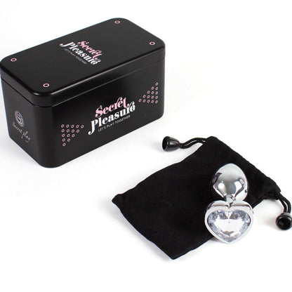 SECRETPLAY Plug Anal de Metal Coração de Cristal Transparente 7cm, mostrando design e material.