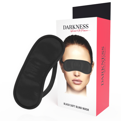 Máscara de cetim preta ajustável Darkness para jogos de BDSM e privação sensorial.