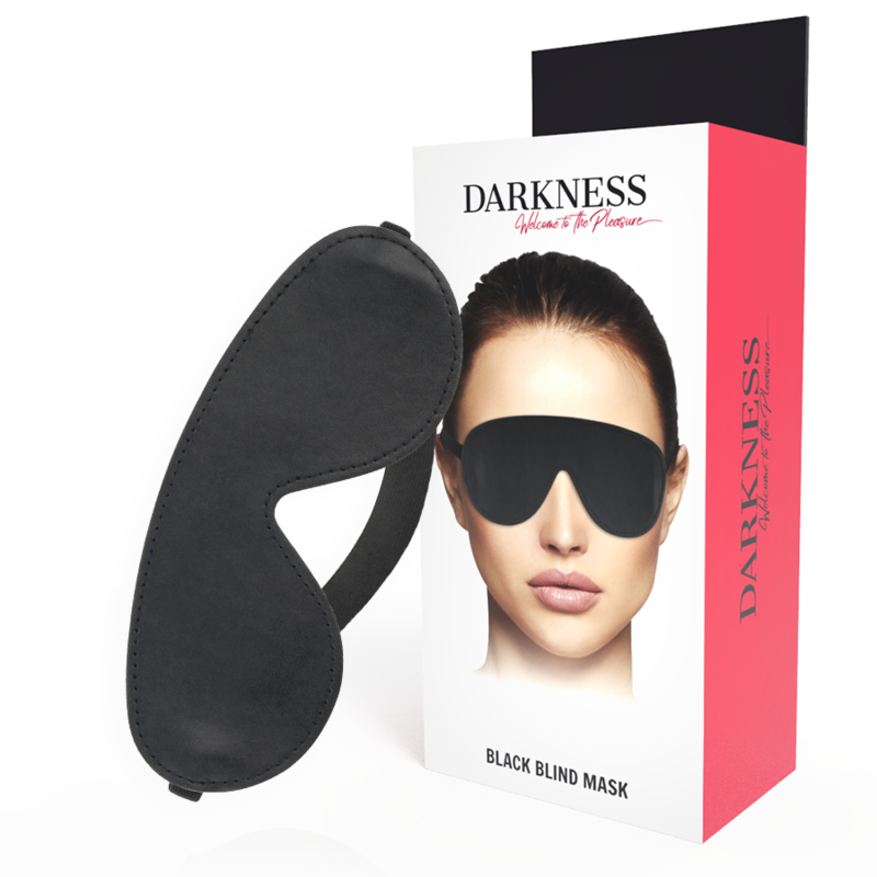 Máscara Venda Darkness preta em PVC, ajustável para jogos sensoriais