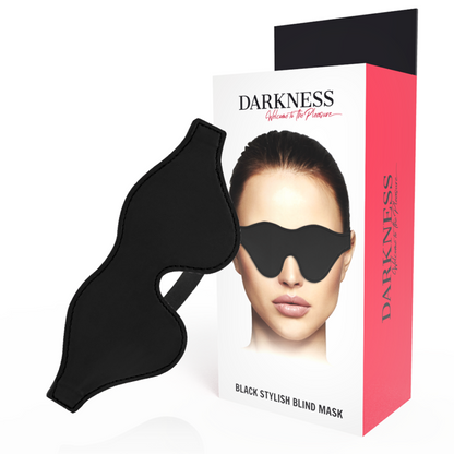 Máscara de Olhos Darkness preta em PVC para jogos sensoriais e BDSM, com faixa elástica ajustável.