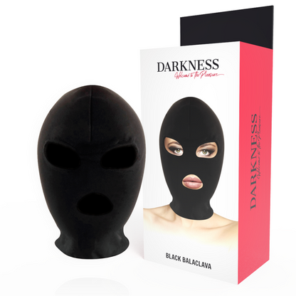 Close-up da Máscara de Submissão Darkness BDSM Spandex Preto, mostrando as aberturas para boca e olhos e o tecido maleável.
