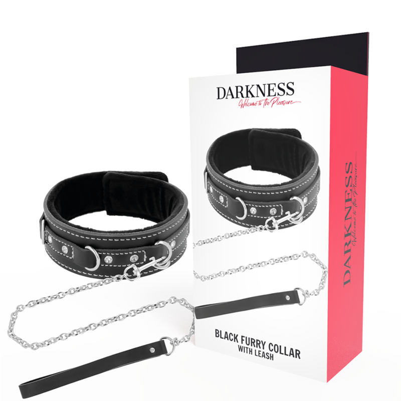 Colar de couro BDSM Darkness com trela, detalhe da fivela e acolchoamento.