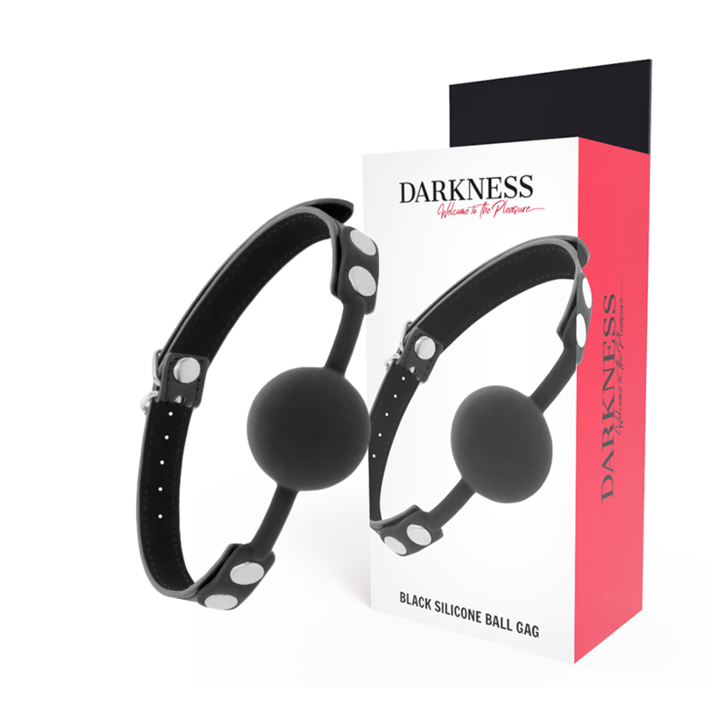 Mordaça de Silicone Preta DARKNESS com tiras de couro ajustáveis, ideal para BDSM.