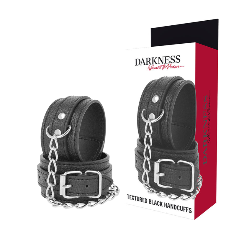 Algemas de couro texturado preto DARKNESS para BDSM e jogos de fetiche.