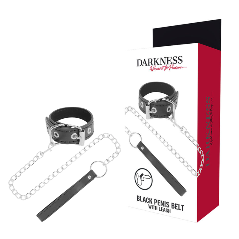 Anel peniano Darkness com alça e corrente para BDSM, em couro vegano preto e detalhes metálicos.