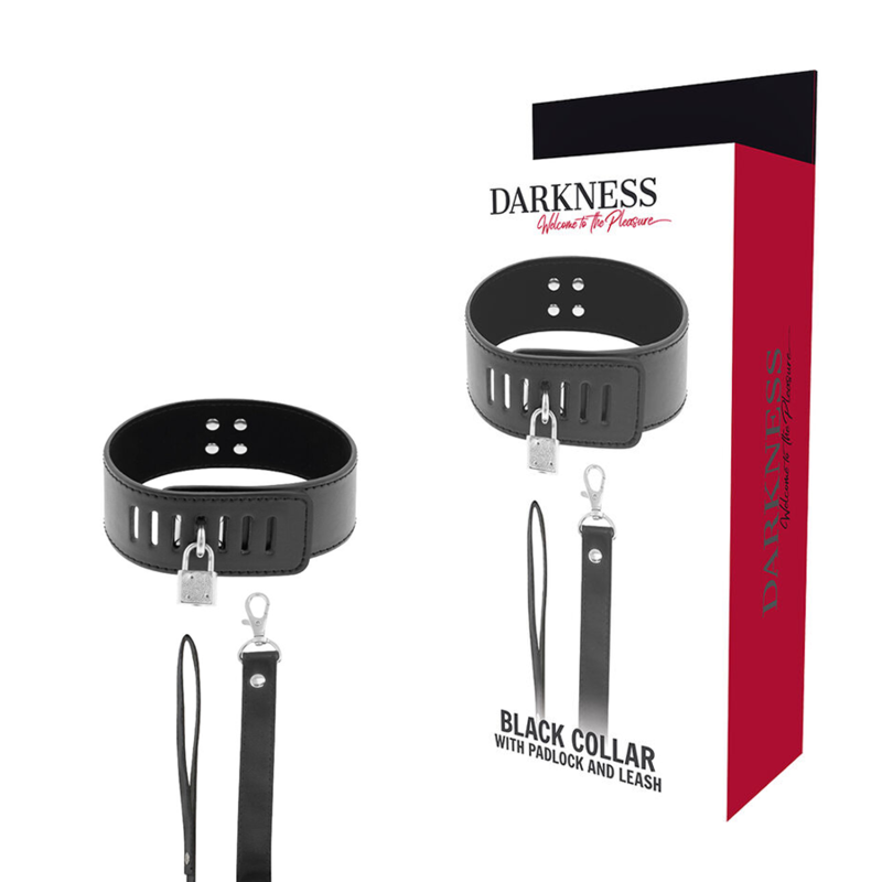 Close-up do Colar BDSM Darkness com Fechadura Preta, mostrando o design em neoprene, puleather e a corrente.