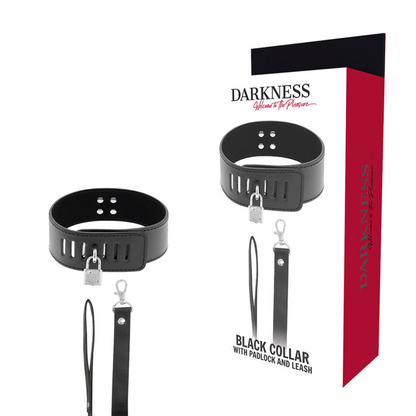 Close-up do Colar BDSM Darkness com Fechadura Preta, mostrando o design em neoprene, puleather e a corrente.