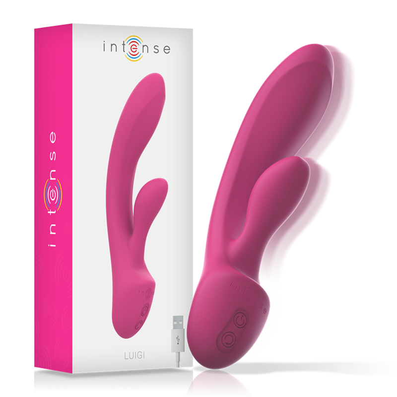 Close-up do Vibrador Coelho Intense Luigi em silicone líquido, destacando seu design ergonômico e estimulador clitoriano para dupla estimulação.
