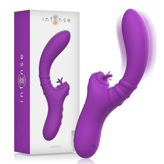Close-up do vibrador flexível Intense Harry com língua roxa, destacando sua textura de silicone e design ergonómico para estimulação clitoriana e do ponto G.