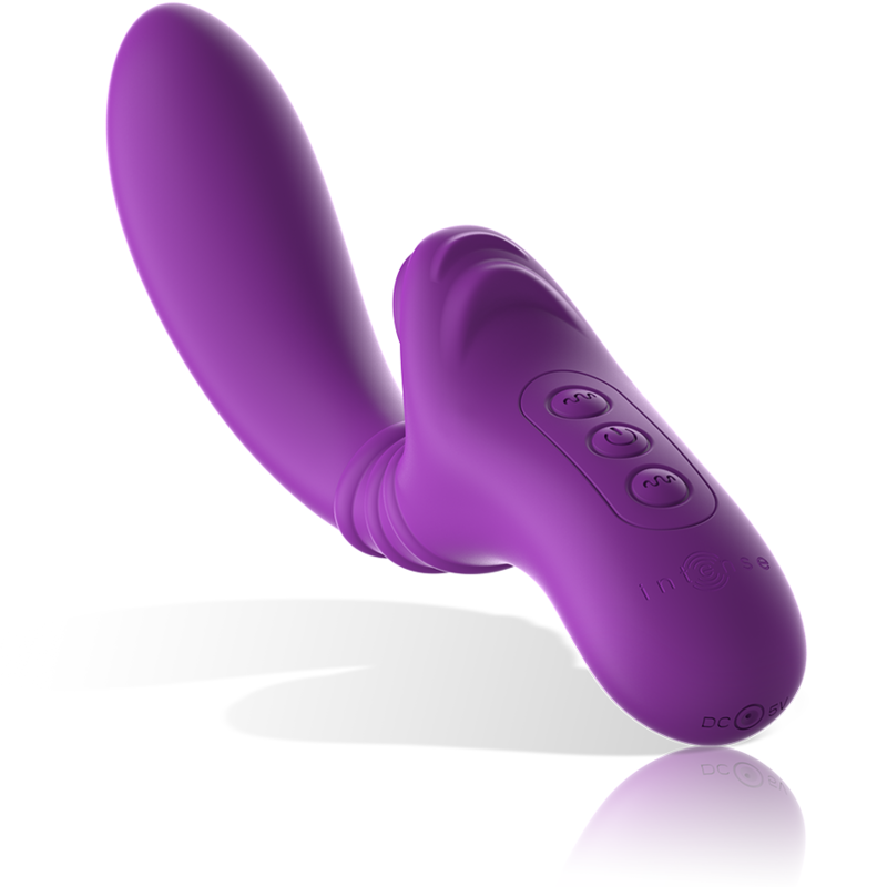 Close-up do vibrador flexível Intense Harry com língua roxa, destacando sua textura de silicone e design ergonómico para estimulação clitoriana e do ponto G.