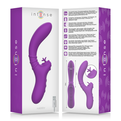 Close-up do vibrador flexível Intense Harry com língua roxa, destacando sua textura de silicone e design ergonómico para estimulação clitoriana e do ponto G.