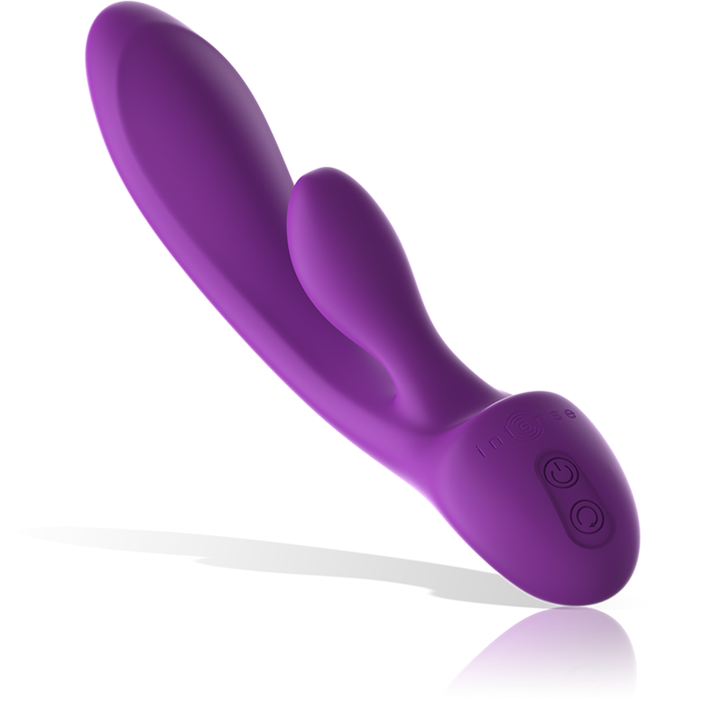 Close-up do Vibrador Coelho Intense Luigi de Silicone Líquido Roxo, mostrando seu design ergonômico e estimulador clitoriano.