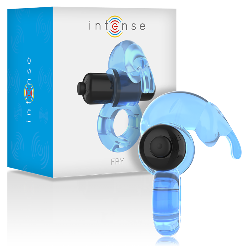 Close-up do Intense Anel Vibrador Fry Azul com Estimulador Duplo "Coelho", mostrando o design e textura.