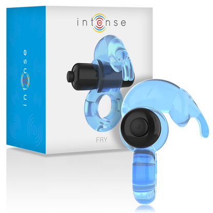 Close-up do Intense Anel Vibrador Fry Azul com Estimulador Duplo "Coelho", mostrando o design e textura.