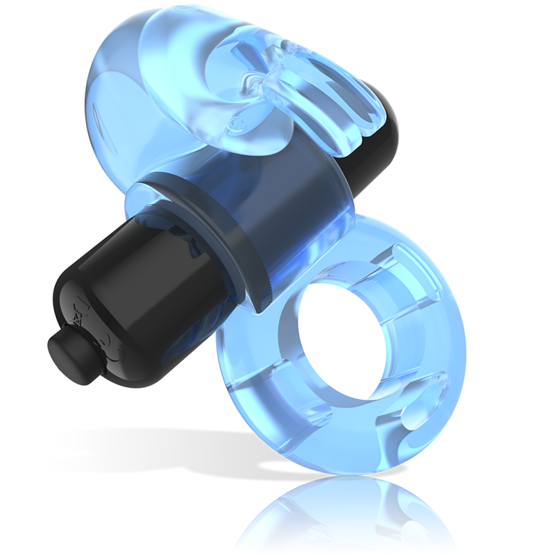 Close-up do Intense Anel Vibrador Fry Azul com Estimulador Duplo "Coelho", mostrando o design e textura.
