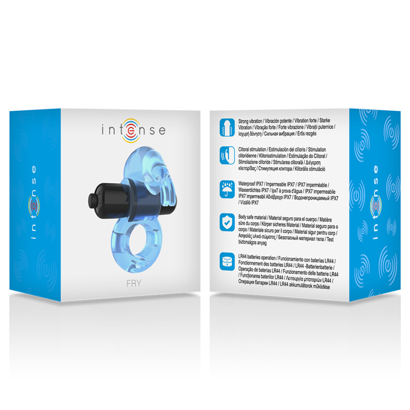 Close-up do Intense Anel Vibrador Fry Azul com Estimulador Duplo "Coelho", mostrando o design e textura.