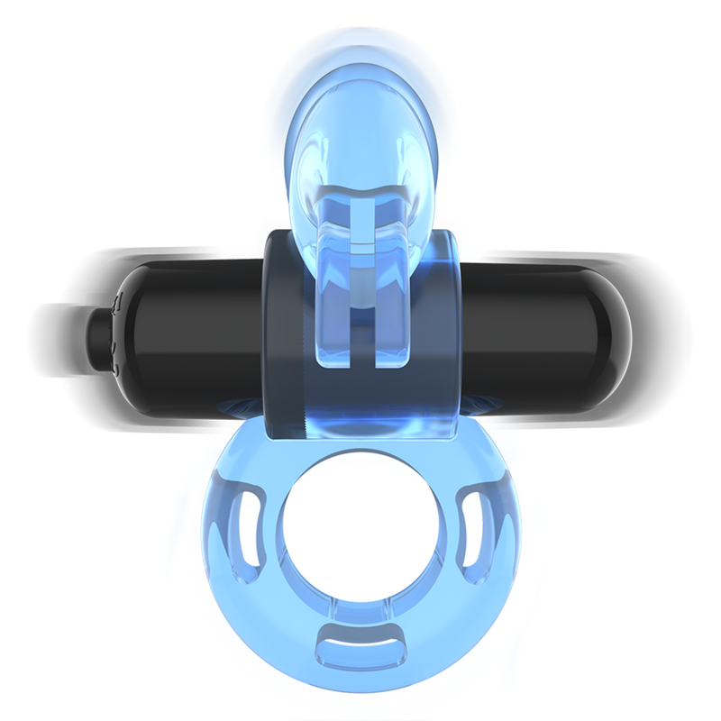 Close-up do Intense Anel Vibrador Fry Azul com Estimulador Duplo "Coelho", mostrando o design e textura.