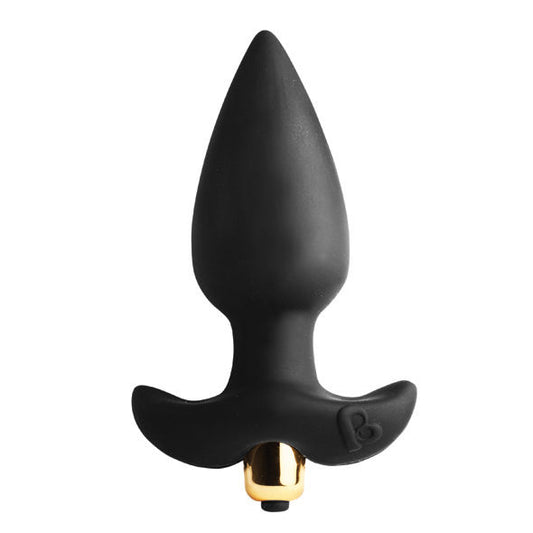 Close-up do ROCKS-OFF Estimulador Butt Throb P-Point 7 Velocidades Preto, exibindo seu design ergonómico e textura suave de silicone.