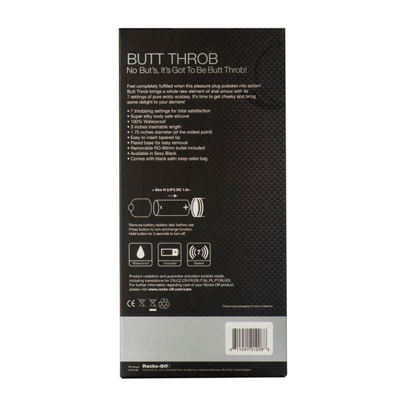 Close-up do ROCKS-OFF Estimulador Butt Throb P-Point 7 Velocidades Preto, exibindo seu design ergonómico e textura suave de silicone.