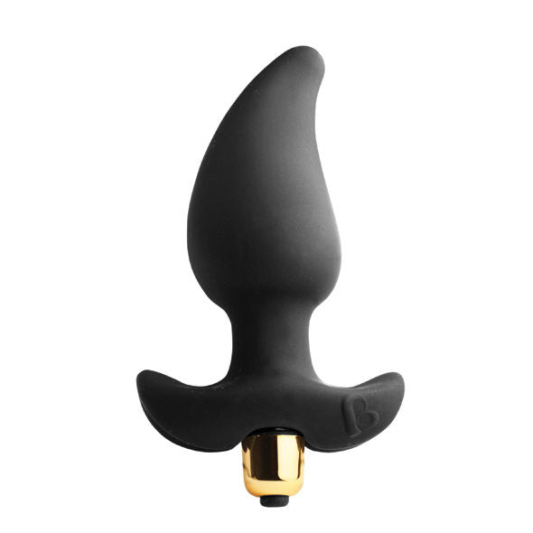 Close-up of the ROCKS-OFF Vibrador Anal Butt Quiver showing its ergonomic design and black silicone texture.
