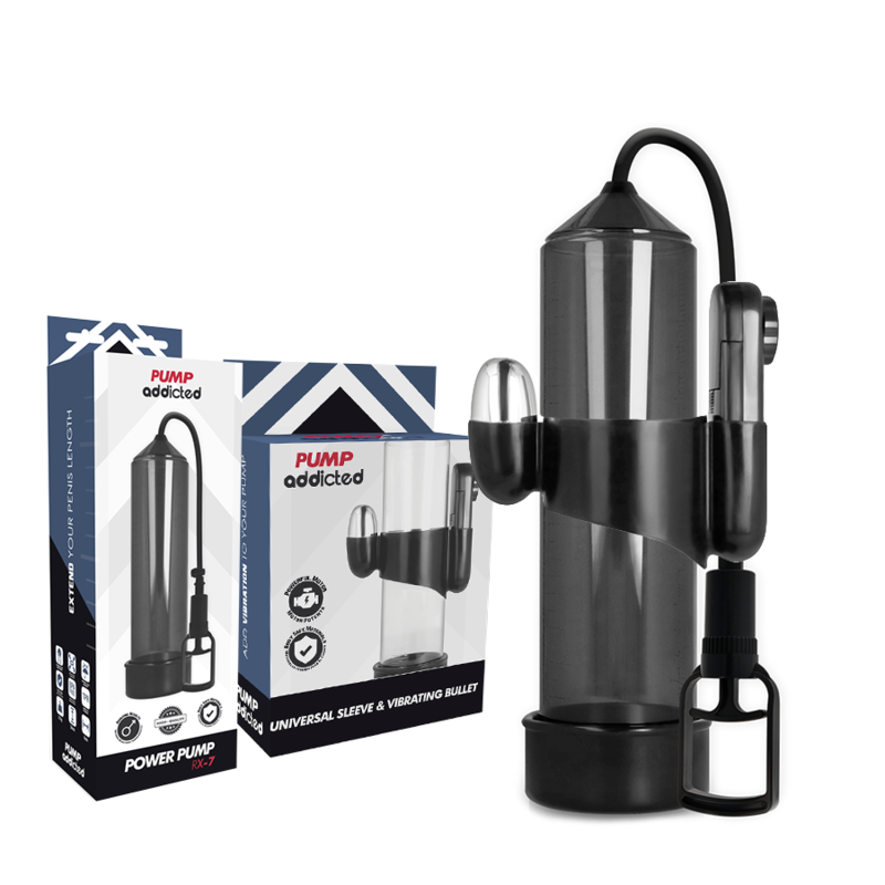 Close-up da Bomba Peniana PUMP ADDICTED com Vibrador RX7, mostrando seu design e detalhes.