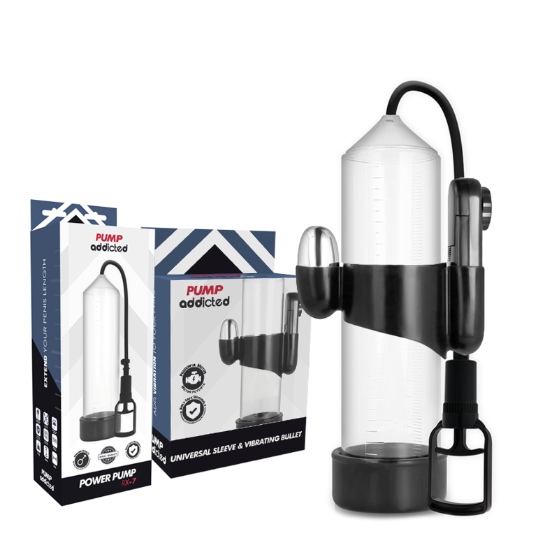 Close-up da Bomba Peniana PUMP ADDICTED RX7 Transparente com Vibrador, mostrando seu design e funcionalidade.