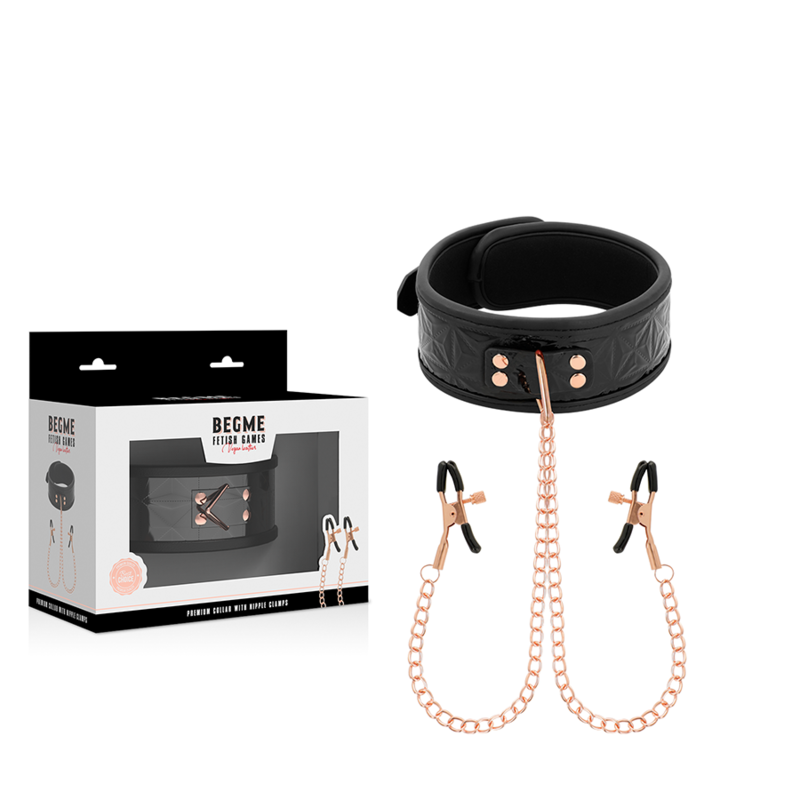 Close-up do Colar BEGME Black Edition com Clamps de Mamilo Ajustáveis, mostrando detalhes e materiais.