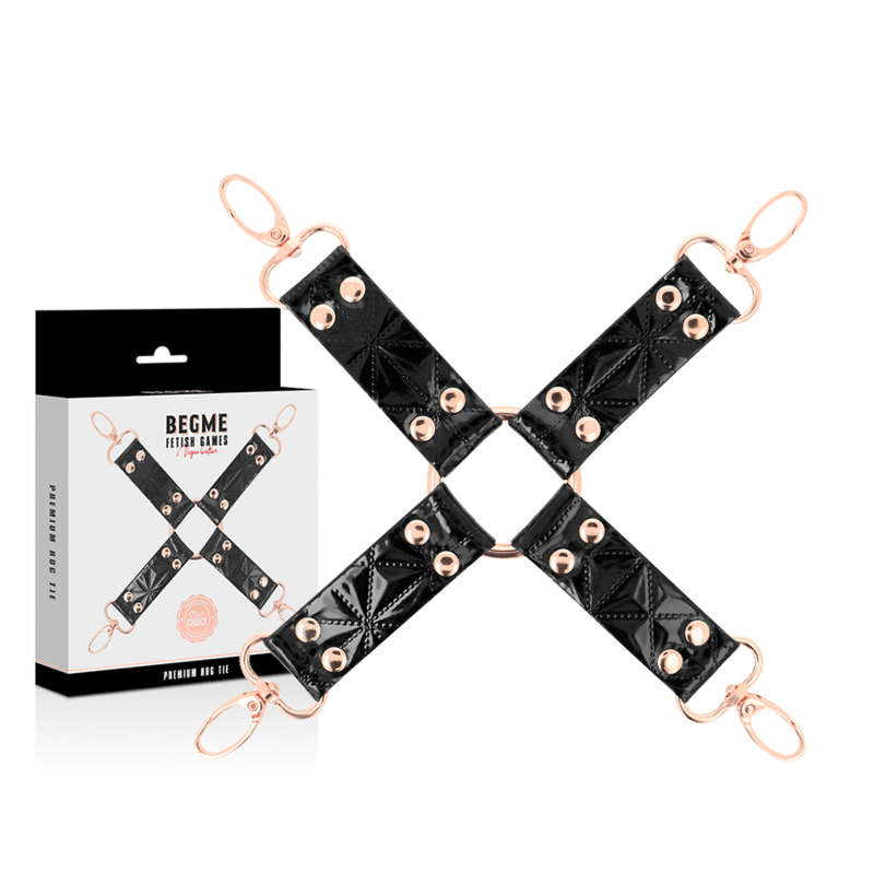 Close-up do Hog Tie Black Edition da BEGME em couro vegano e neoprene, destacando a qualidade e design para jogos de restrição.