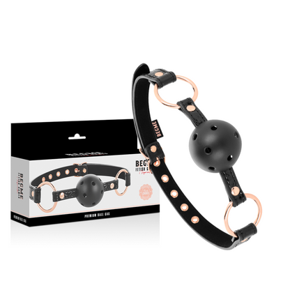 Close-up da BEGME Bola Gag Vegan Couro Black Edition para BDSM, mostrando detalhes do material e fecho.