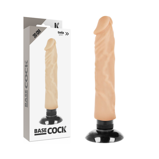 Close-up do Vibrador BASECOCK Realista 2 em 1 Natural 20x4cm, mostrando a sua textura e design autêntico.