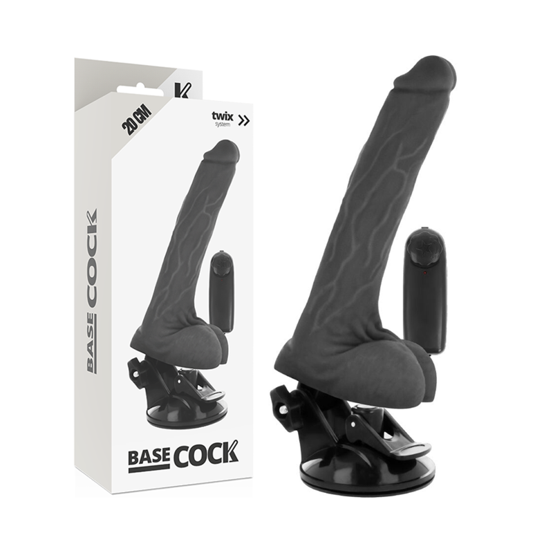 Vibrador realista BASECOCK com controle remoto, detalhe da textura e testículos.