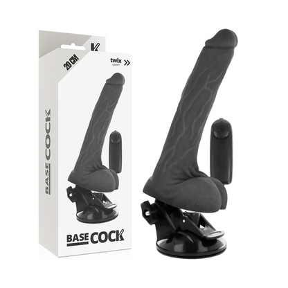 Vibrador realista BASECOCK com controle remoto, detalhe da textura e testículos.