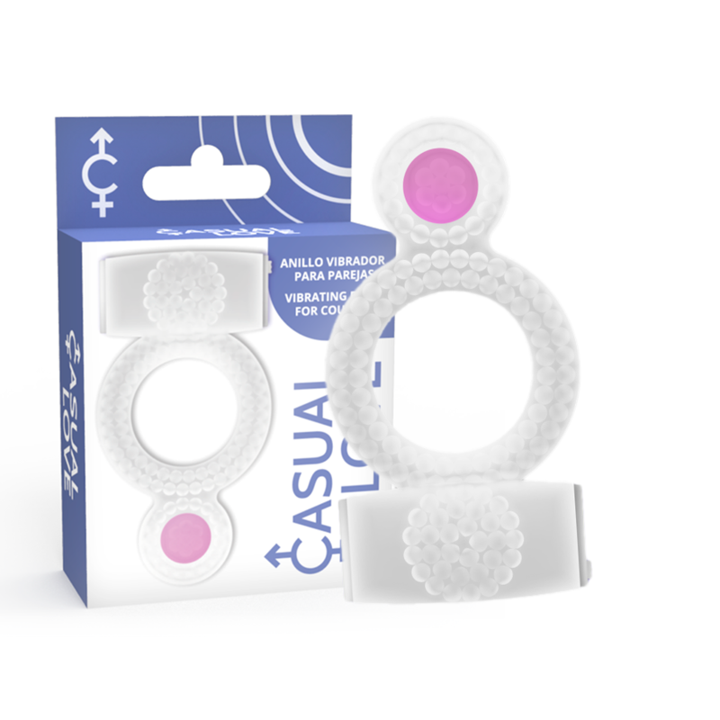 Close-up of the CASUAL LOVE Anel Peniano Duplo Vibratório Transparente showing its design and features.