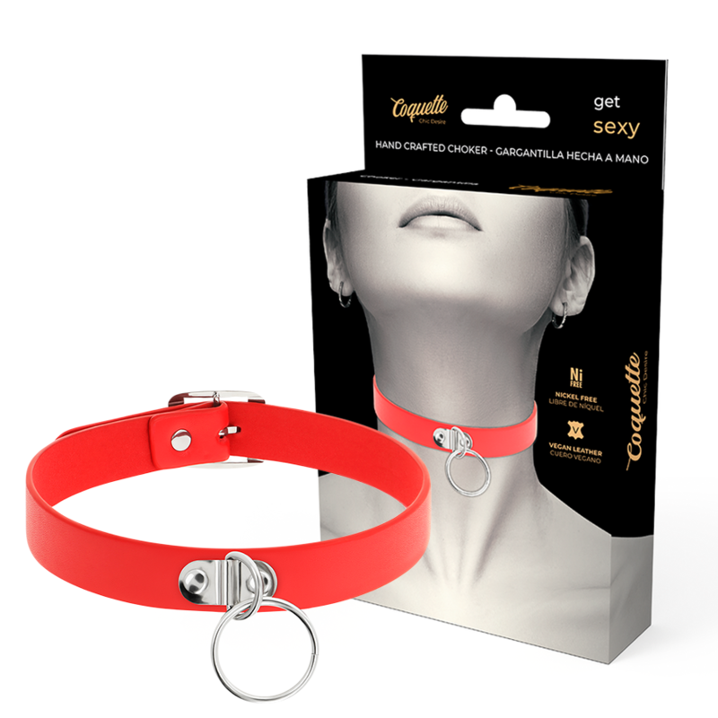 Coquette Chic Desire Colar Couro Vegano Vermelho Ajustável para BDSM e Fetish
