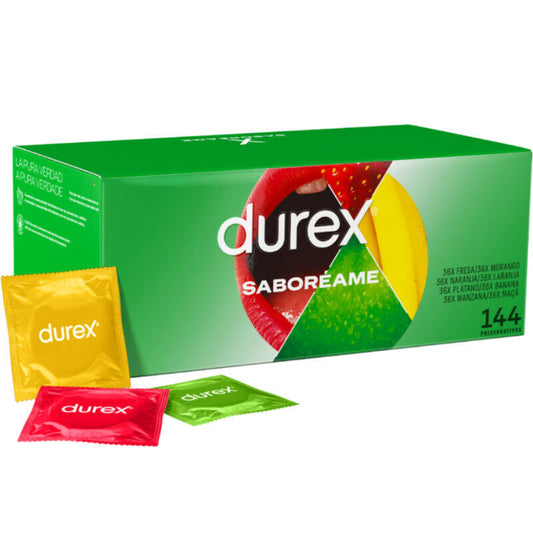 Caixa de preservativos DUREX Pleasure Fruits 144 unidades com sabores e cores variadas.