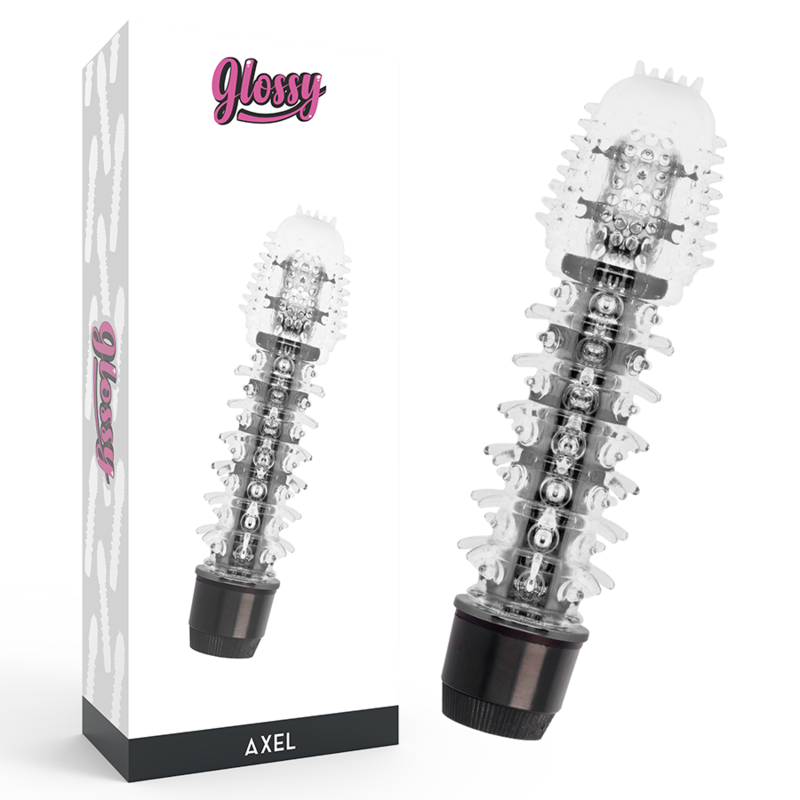 Close-up do GLOSSY Vibrador Axel Preto, destacando seu design ergonômico e material TPE Platinum.