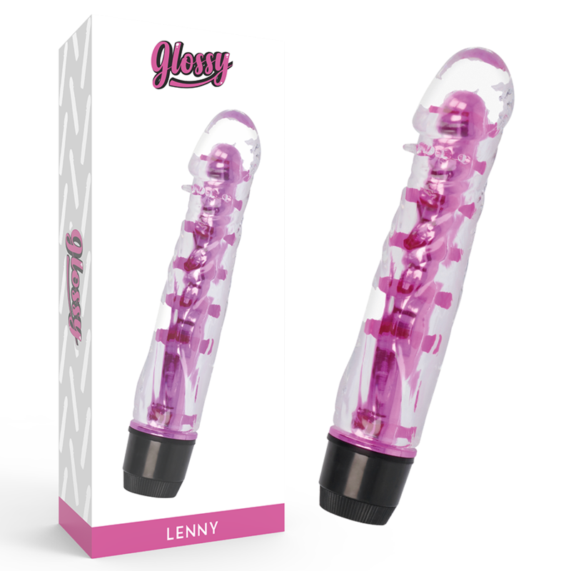 Close-up of the GLOSSY Vibrador Lenny Rosa, highlighting its ergonomic shape and smooth TPE texture.