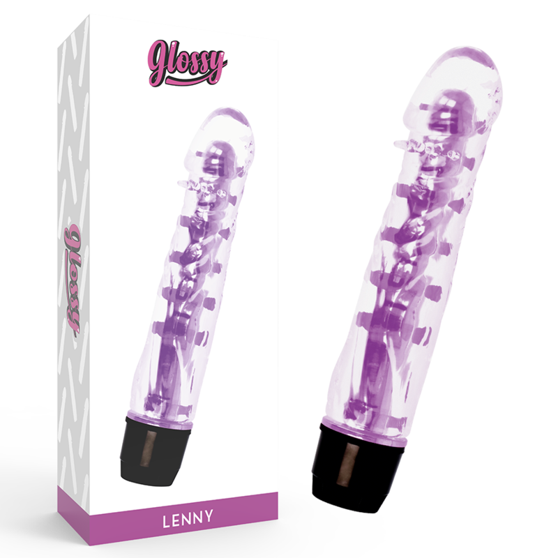Close-up do Vibrador GLOSSY Lenny Roxo, destacando seu design ergonômico e material TPE.